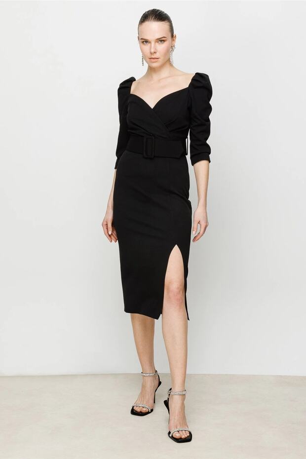 61724 Kalın Kemerli Midi Boy Elbise - 1