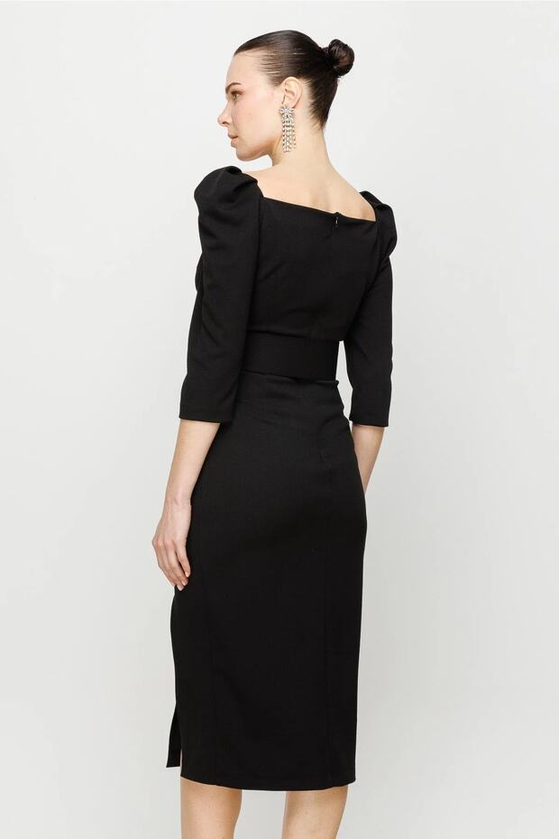 61724 Kalın Kemerli Midi Boy Elbise - 4