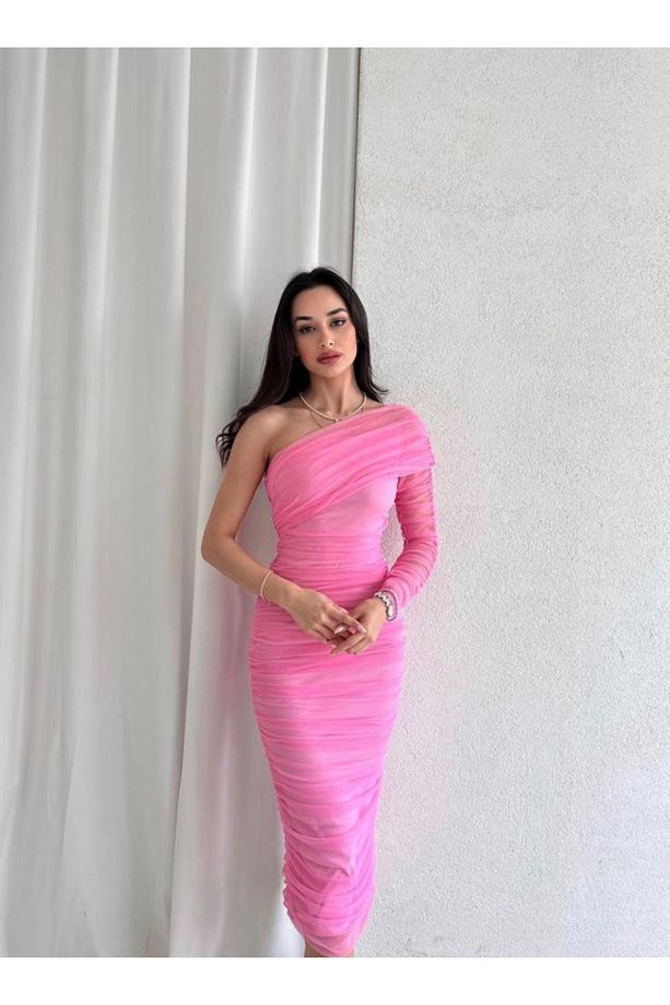 Pembe Tek Omuz Tül Drapeli Midi Boy Elbise - 4