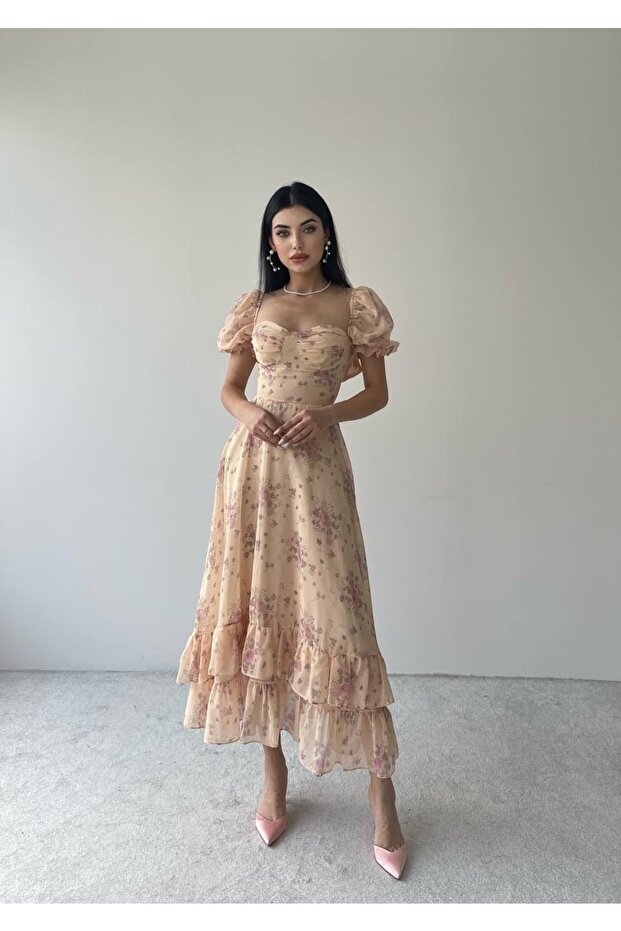 Rochie de damă, lungă și lungă din șifon, florală - 1