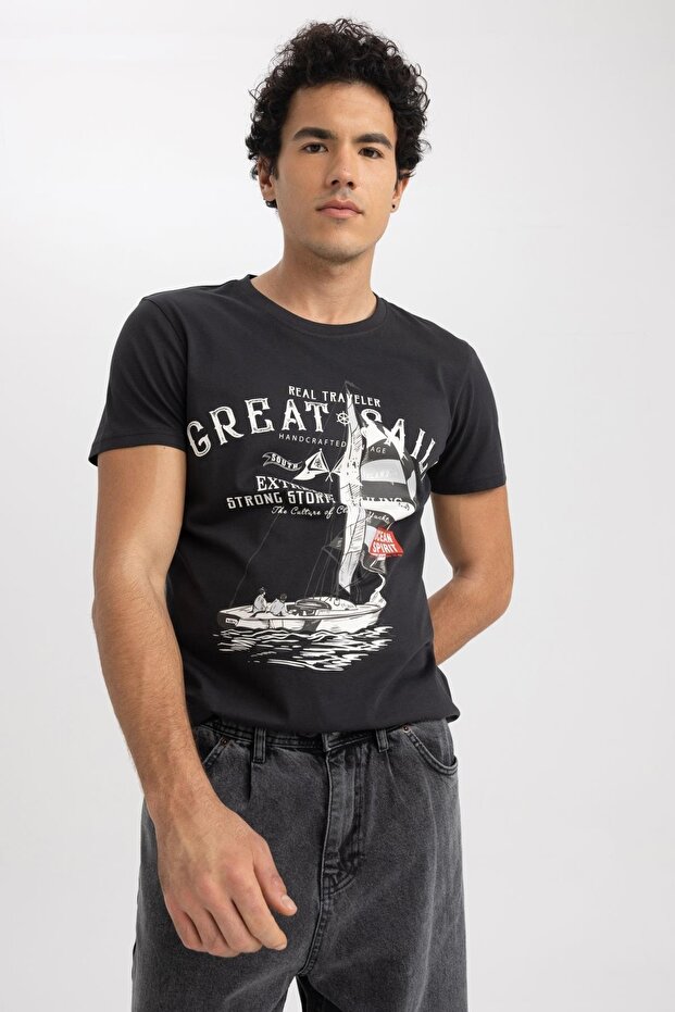 Slim Fit Crew Neck Printed Short Sleeve 100% Cotton T-shirt A2633ax23sm
