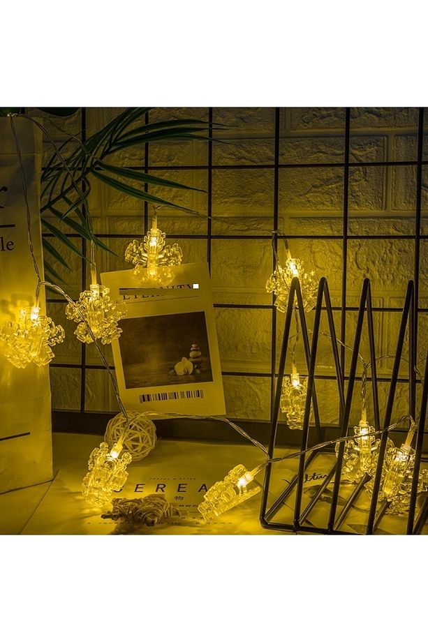 Snow Flake Photo Clip String Led Warm Light Gün Işığı Pilli Kar Tanesi Mandal Led Işık 2 Metre Led - 3
