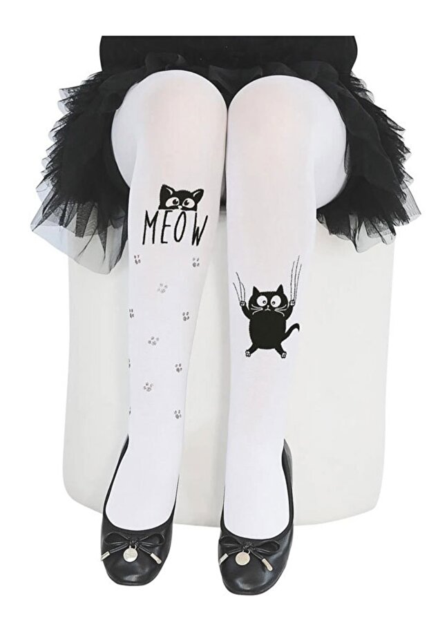 Girl's Cat Printed Glittery Pantyhose