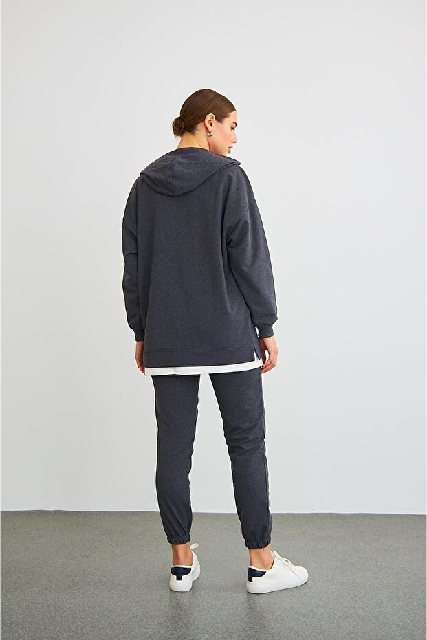 Text Kapüşonlu Basic Oversize Antrasit Alt Üst Eşofman Takımı - 6