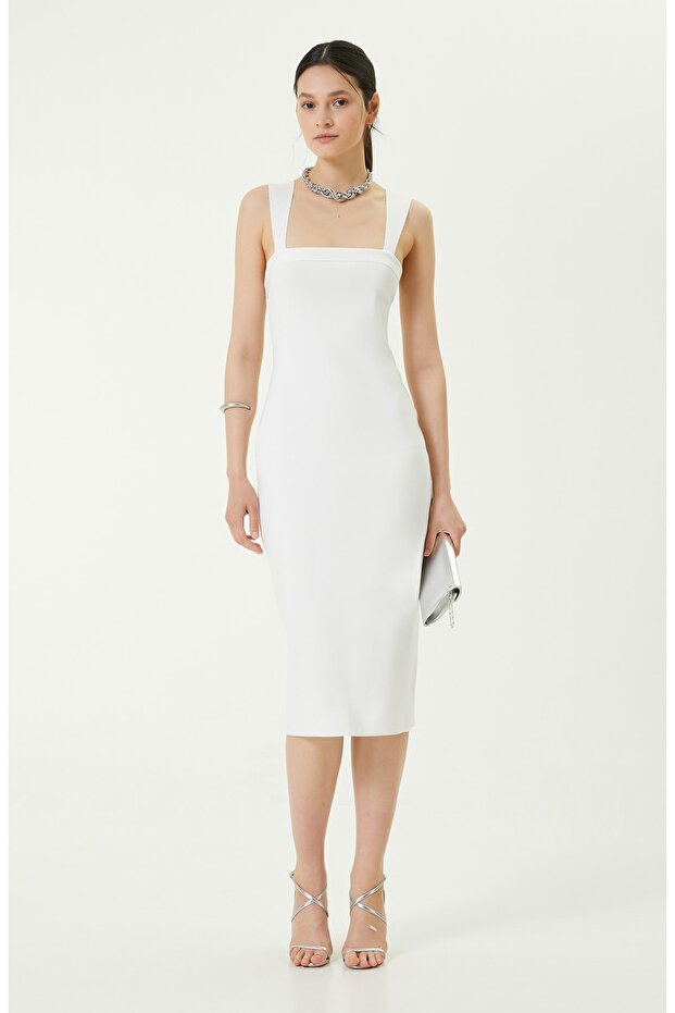 Askılı Midi Boy Beyaz Elbise - 2