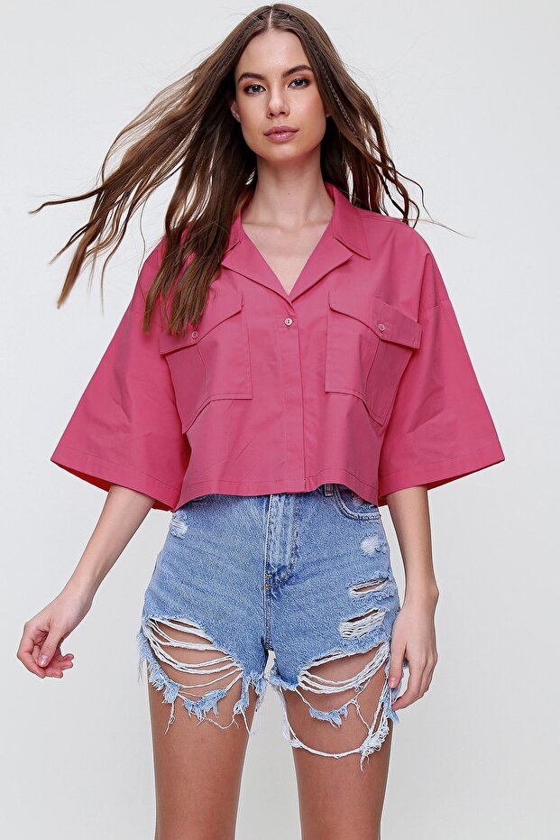 Women's Fuchsia Envelope Pocket Crop Poplin Shirt ALC-X6045