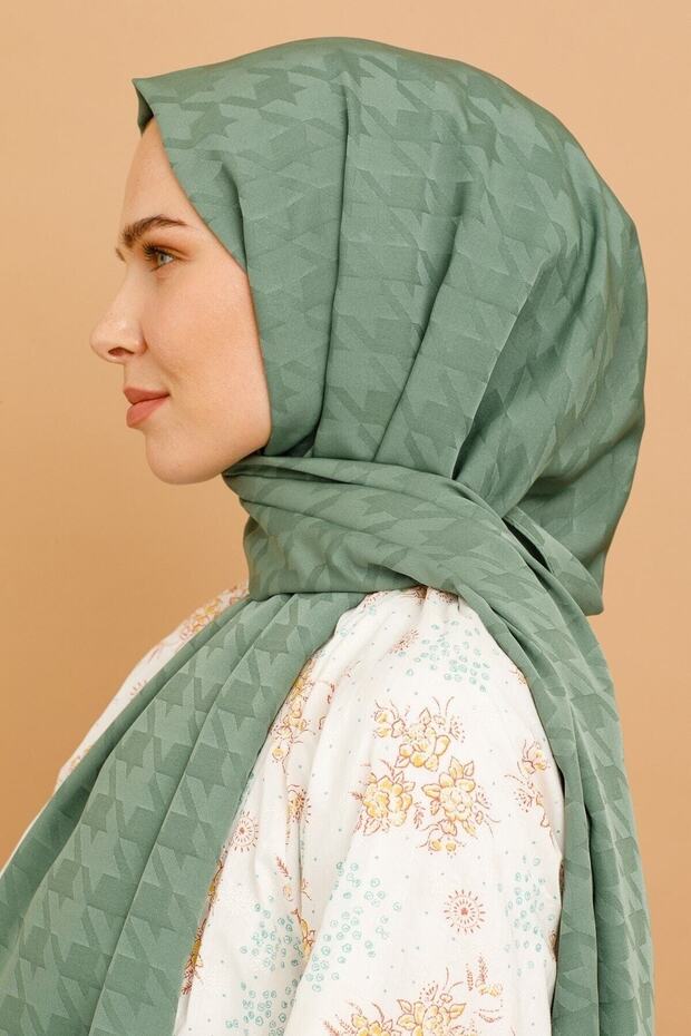 Mildew Green Houndstooth Pattern Silky Jacquard Shawl - 5