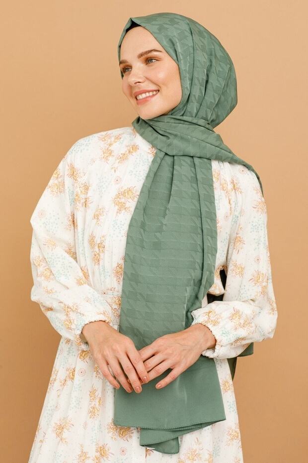 Mildew Green Houndstooth Pattern Silky Jacquard Shawl - 6