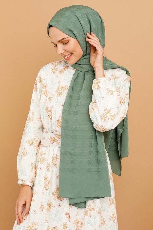 Mildew Green Houndstooth Pattern Silky Jacquard Shawl - 7