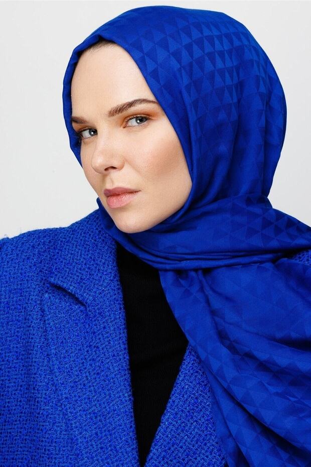 Saks Mavi Prizma Desen Pamuk Jakar Şal - 5