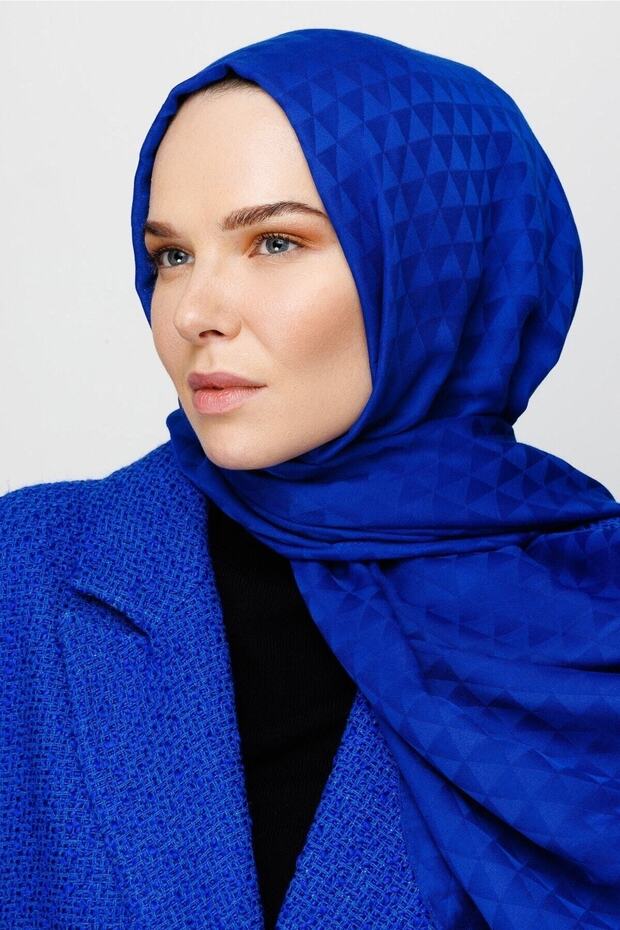 Saks Mavi Prizma Desen Pamuk Jakar Şal - 7
