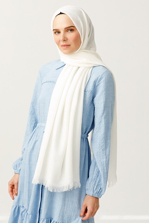 Ecru Triangle Pattern Cotton Jacquard Shawl - 4