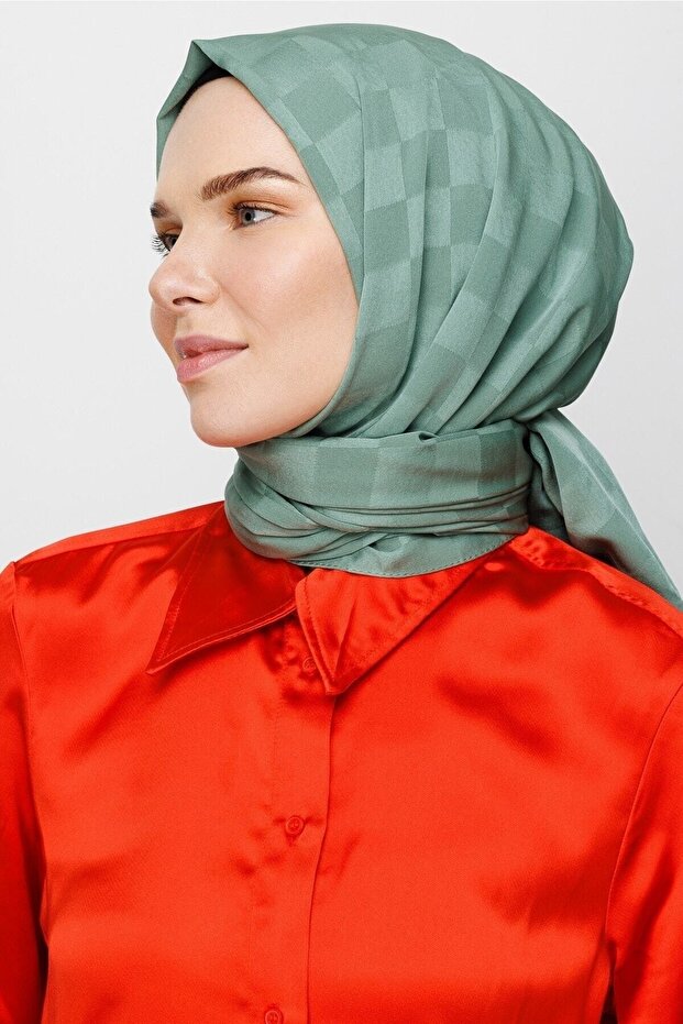 Model verde șamic șal jacquard mătăsos - 1