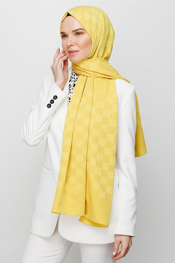 Sarı Dama Desen Ipeksi Jakar Şal - 3