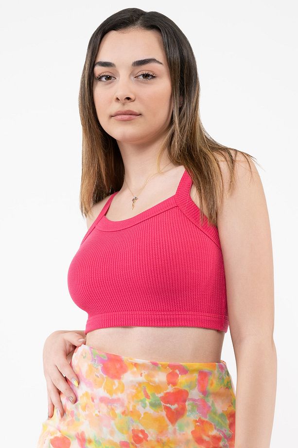 Kadın Koyu Pembe Fitted Kare Yaka Fitilli Esnek Örme Crop Atlet - 2