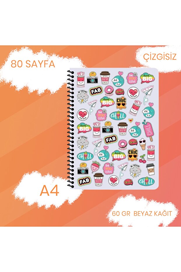 A4 Unlined 80 Pages 60 Gr White Paper Plastic Cover Ring Notebook Sweet