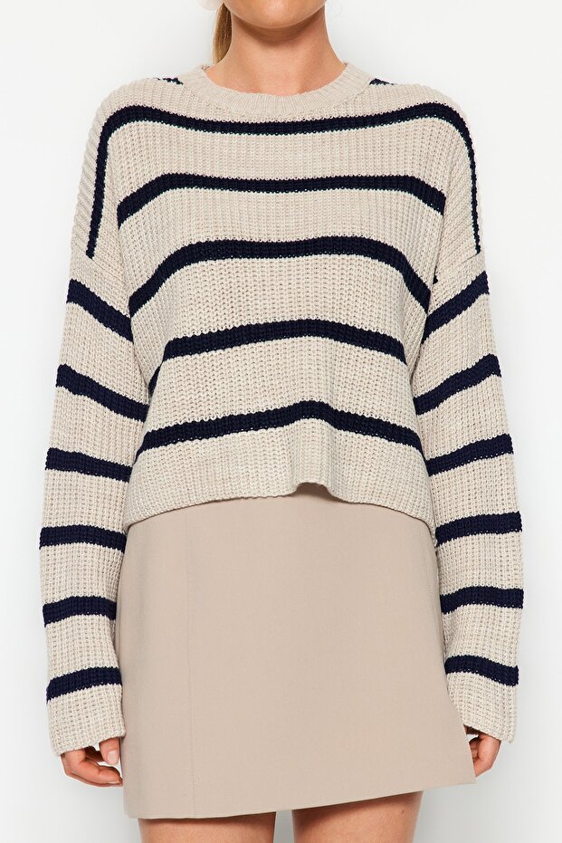 Bej Crop Geniş Kalıp Basic Çizgili Triko Kazak TWOAW23KZ00390 - 4