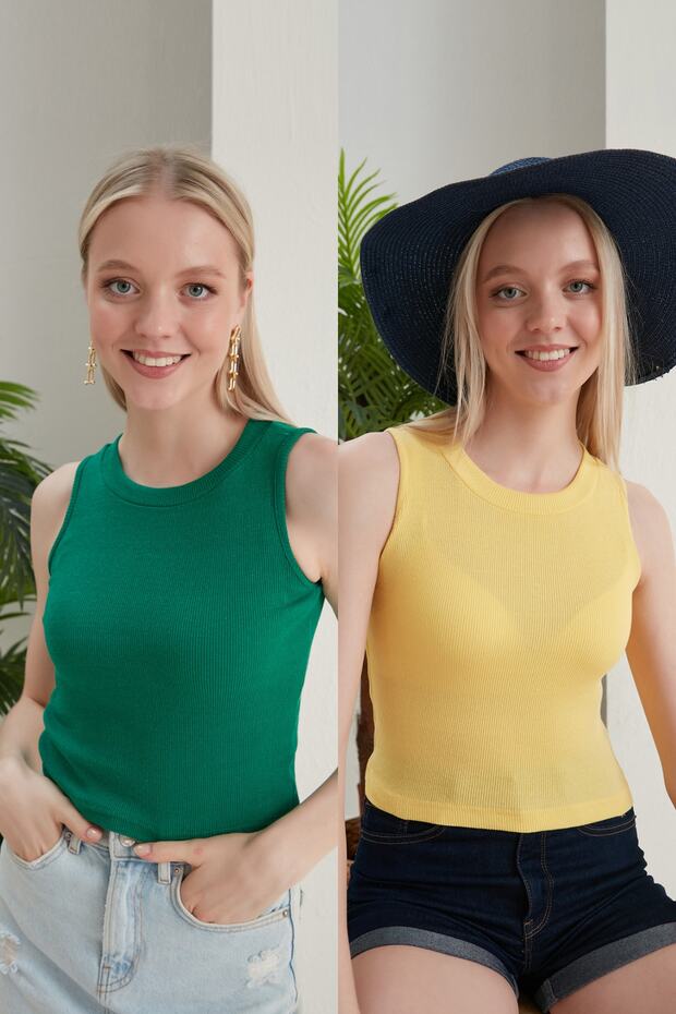 Women's Green Yellow Halter Neck Ribbed 2-Pack Crop Blouse