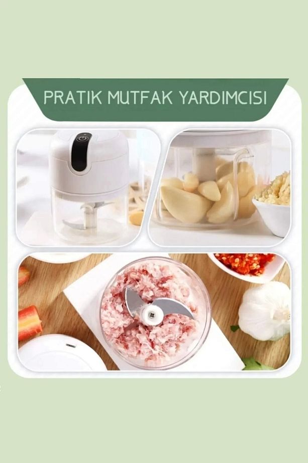 2'li Şarjlı Mini El Rondosu Çelik 3 Bıçaklı 250 Ml Mutfak Robotu Hazneli Sebze Et Doğrayıcı Rende - 4
