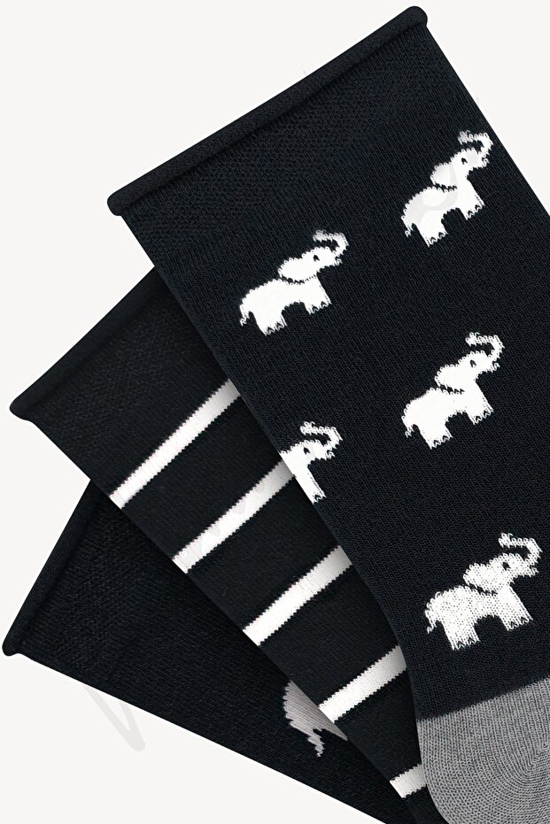 3'lü Fil Desenli Lastiksiz Bambu Çorap - 3