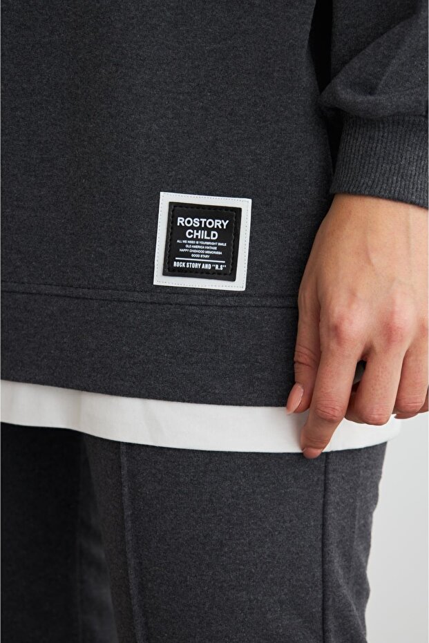 Text Kapüşonlu Basic Oversize Antrasit Alt Üst Eşofman Takımı - 7