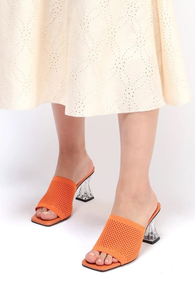 Women's Orange Daily Comfortable Transparent Heeled Knitwear Evening Dress Slippers