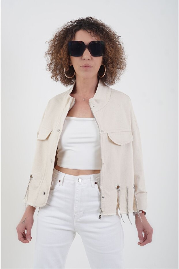 Beige Chain Detailed Jacket