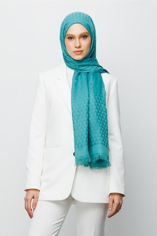 Mint Green Prism Pattern Cotton Jacquard Shawl - 2