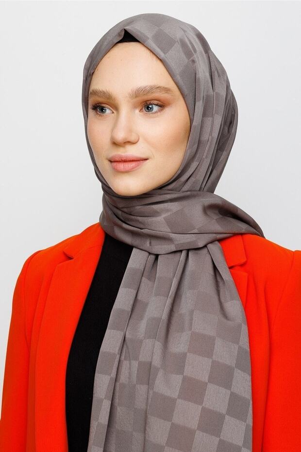 Anthracite Checkerboard Pattern Silky Jacquard Shawl