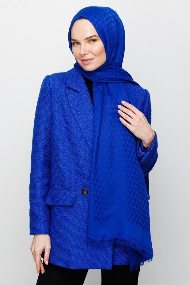 Saks Mavi Prizma Desen Pamuk Jakar Şal - 9
