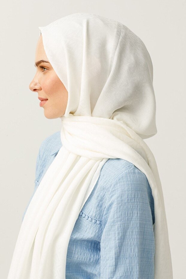 Ecru Triangle Pattern Cotton Jacquard Shawl - 2