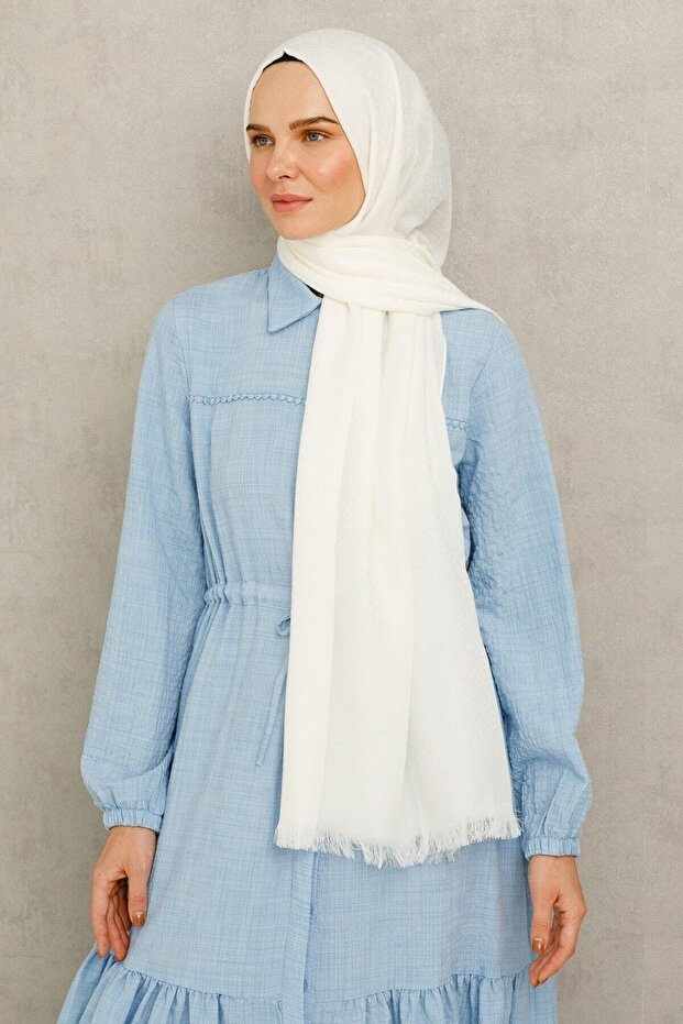 Ecru Triangle Pattern Cotton Jacquard Shawl - 5