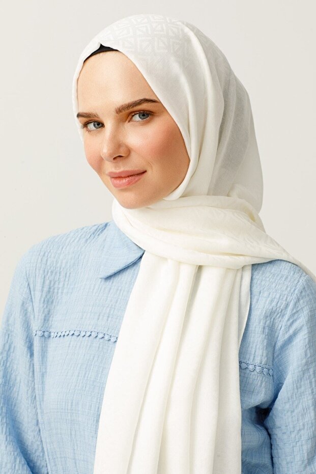 Ecru Triangle Pattern Cotton Jacquard Shawl - 6
