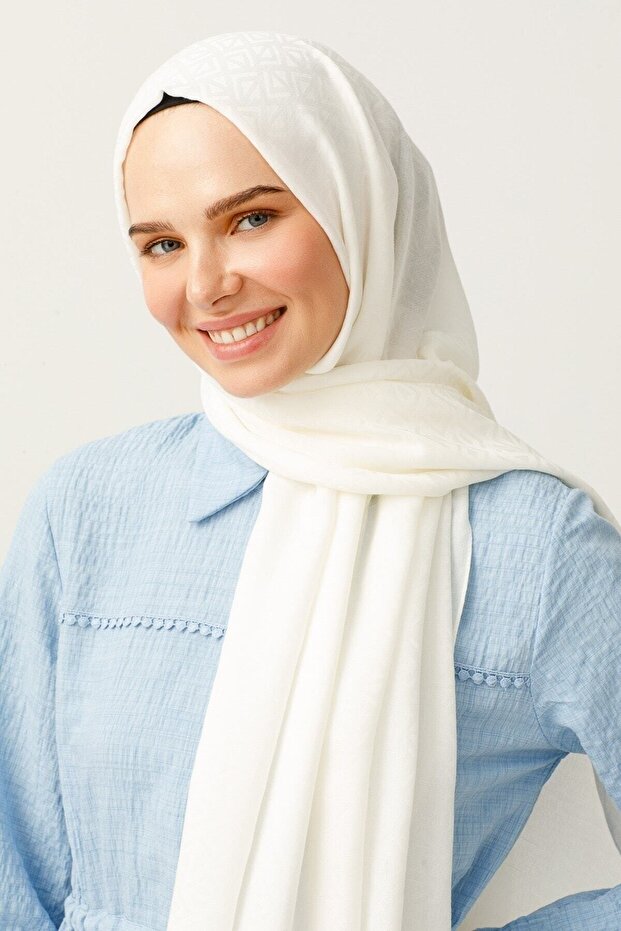Ecru Triangle Pattern Cotton Jacquard Shawl - 8