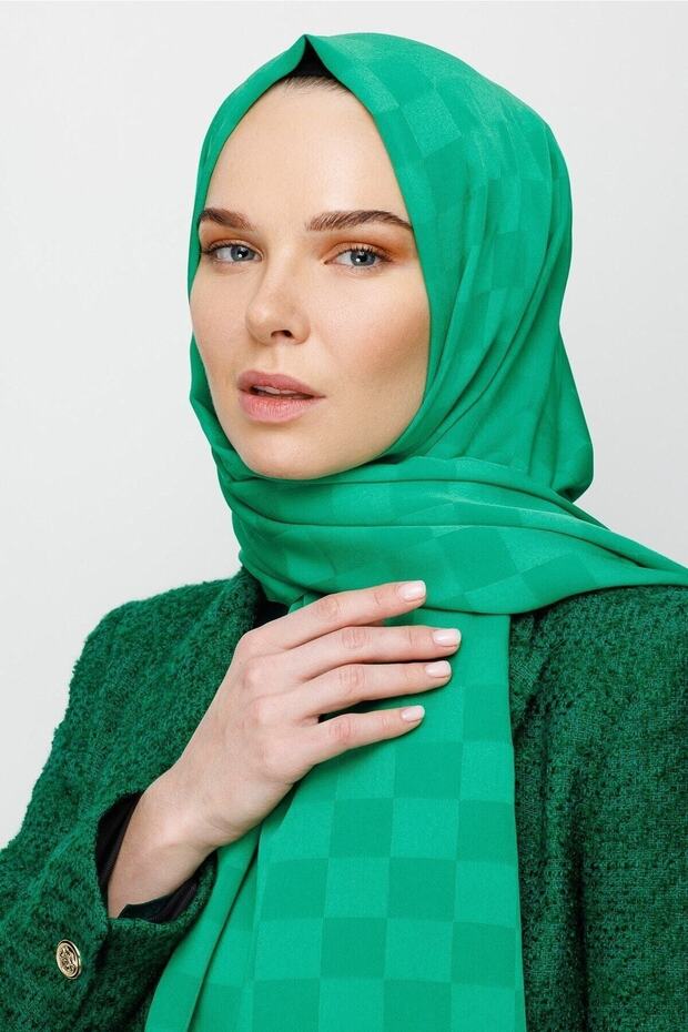 Benetton Green Checkerboard Pattern Silky Jacquard Shawl