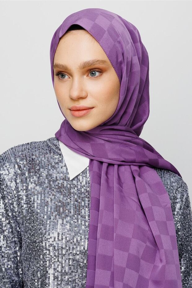 Lavender Checkerboard Pattern Silky Jacquard Shawl