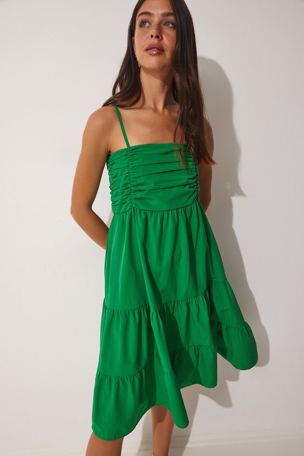 Women's Green Strappy Flounce Summer Poplin Dress DD01226
