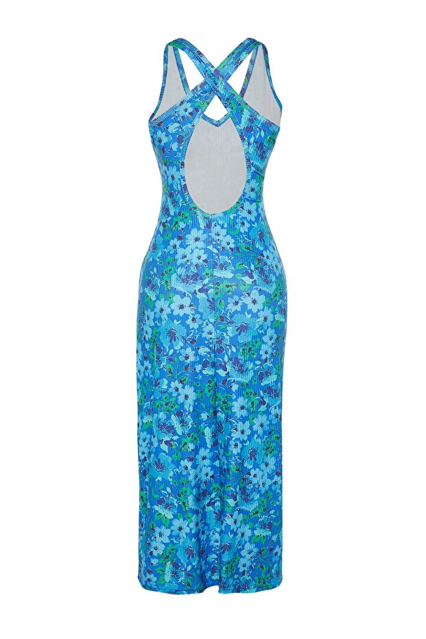 Mavi Sırt Detaylı Çiçek Baskılı Bodycone/Vücuda Oturan Midi Esnek Örme Kalem Elbise TWOSS23EL02311 - 8
