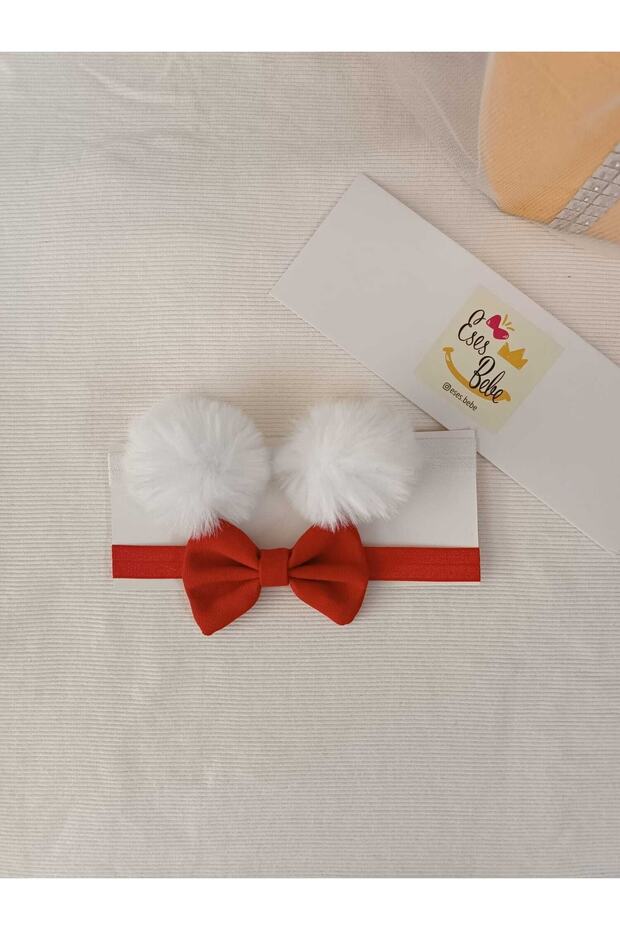 Child Baby White Pompom - Red Ribbon Bandana Set