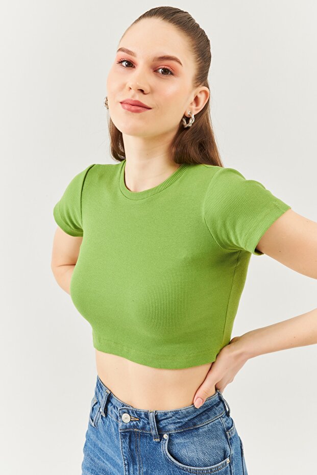 Grass Green Short Sleeve Crew Neck Fitted 100% Cotton Camisole Stretchy Crop Blouse