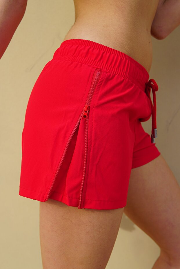Women's Red Solid Color Two Side Zipper Mini Length Swimsuit Swim Shorts
