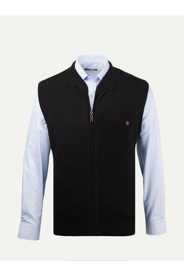 Men's Knitwear Black Vest with Zipper Pockets Steel Knitwear Classic Model -4241J