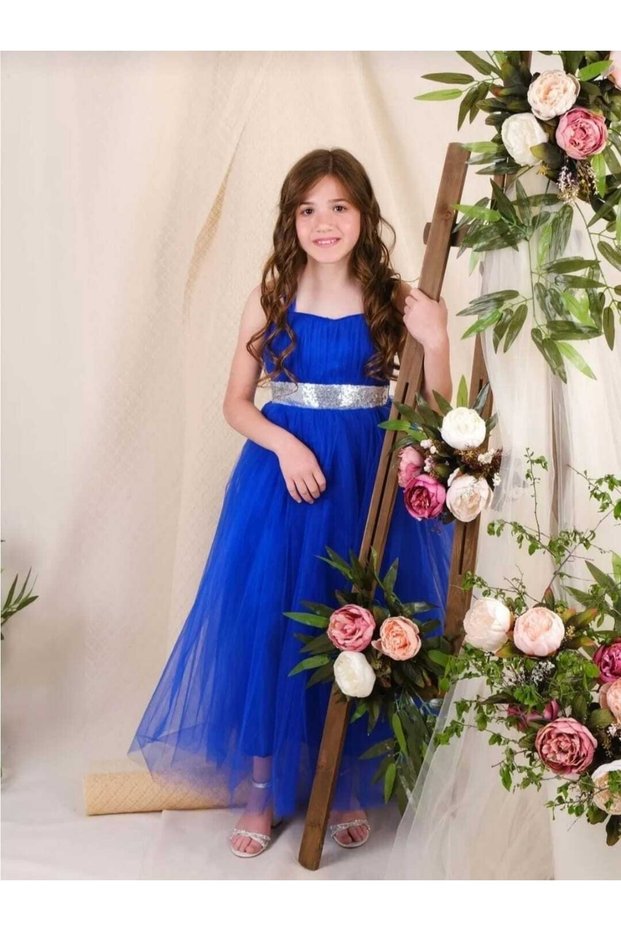 Cobalt Blue Color Tulle Girl's Evening Dress Satin