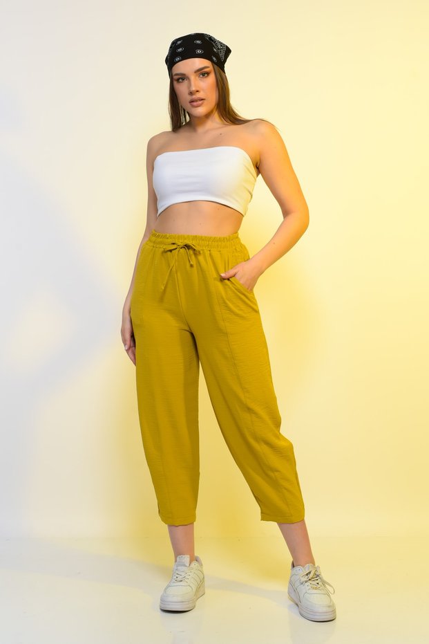 New Season Summer Elastic Waist Slim Trousers High Waist Women's Mustard Color Casual Trousers
