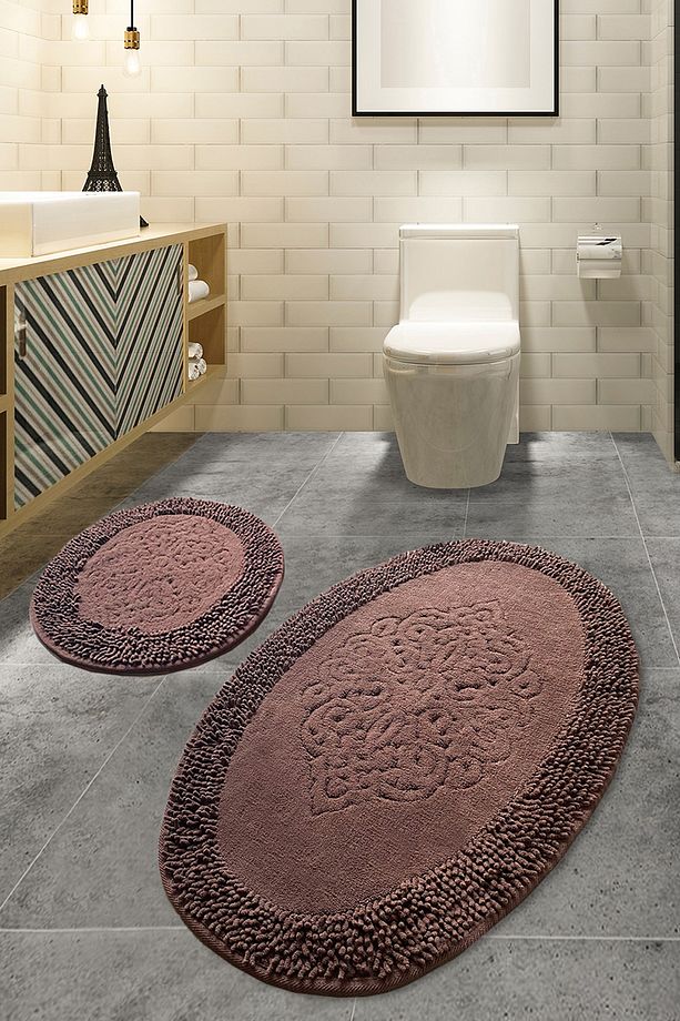 Pıante Oval Cotton Kahve 2'li Set Banyo Halısı Paspas Seti, Klozet Takımı Tpmk - 1