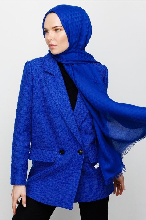 Saks Mavi Prizma Desen Pamuk Jakar Şal - 1