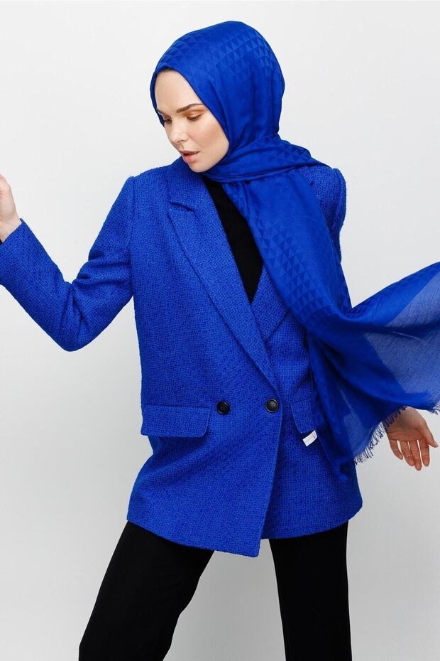 Saks Mavi Prizma Desen Pamuk Jakar Şal - 6