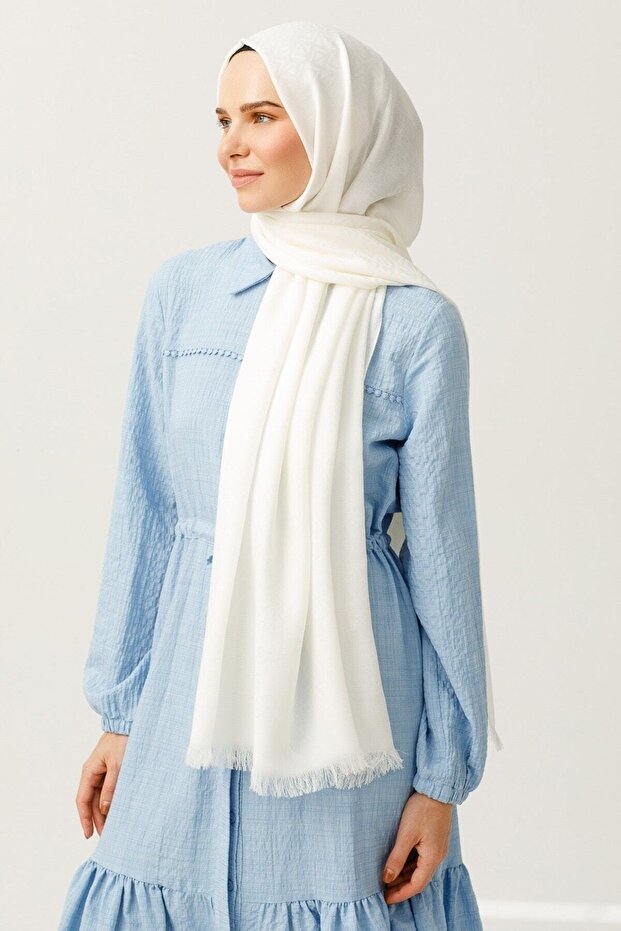 Ecru Triangle Pattern Cotton Jacquard Shawl - 1