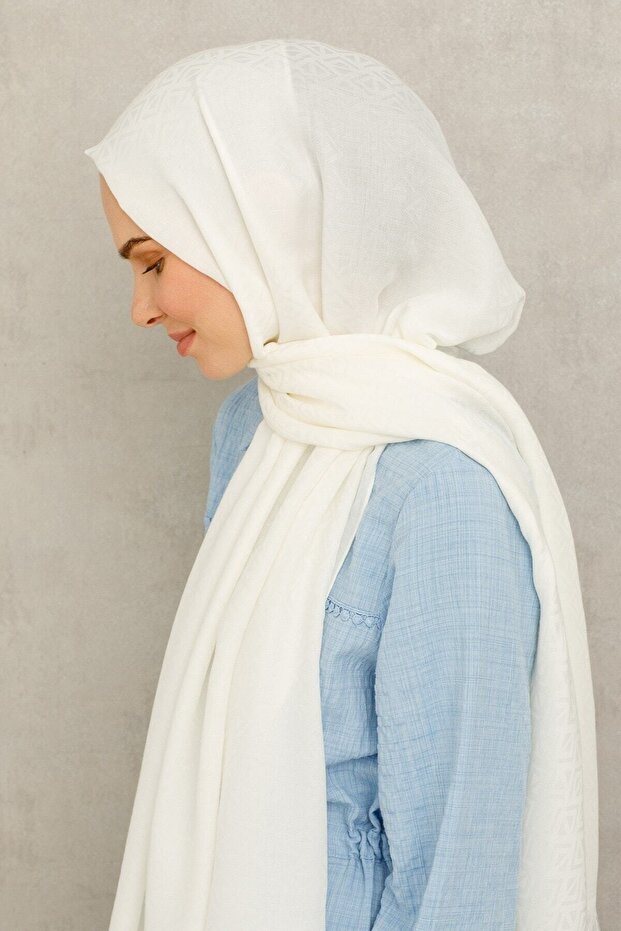 Ecru Triangle Pattern Cotton Jacquard Shawl - 7