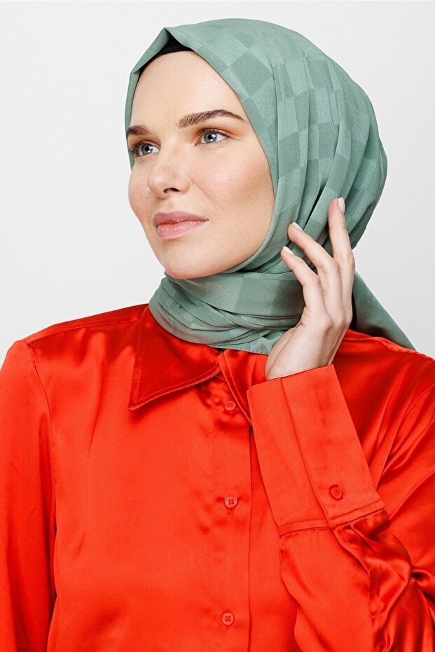 Model verde șamic șal jacquard mătăsos - 5